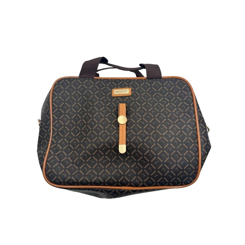 Hello‎ Cat Monogram Travel Bag Brown SAISAI Print Leather Double Handle